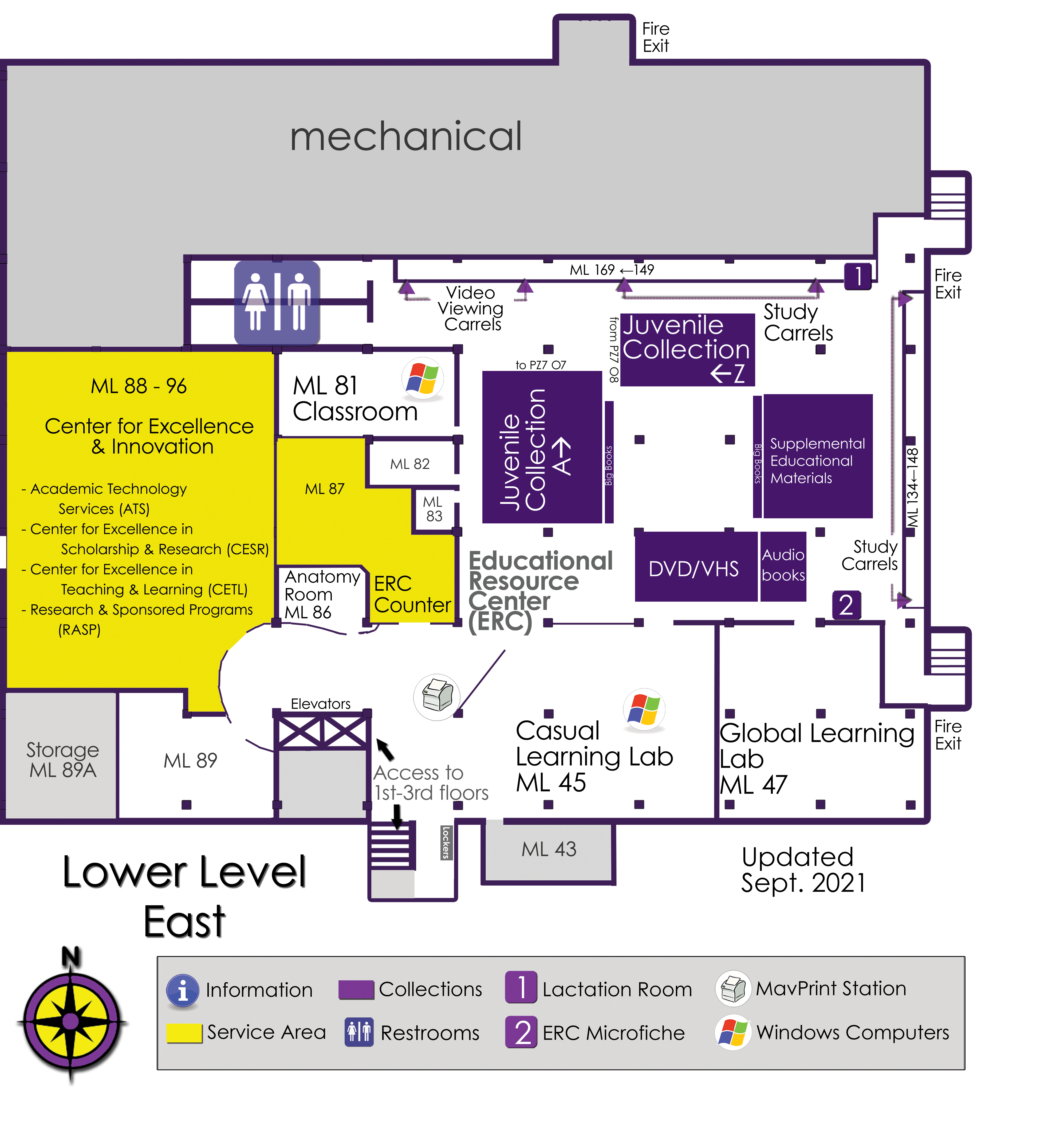 Lower Level east side map of Memorial Library