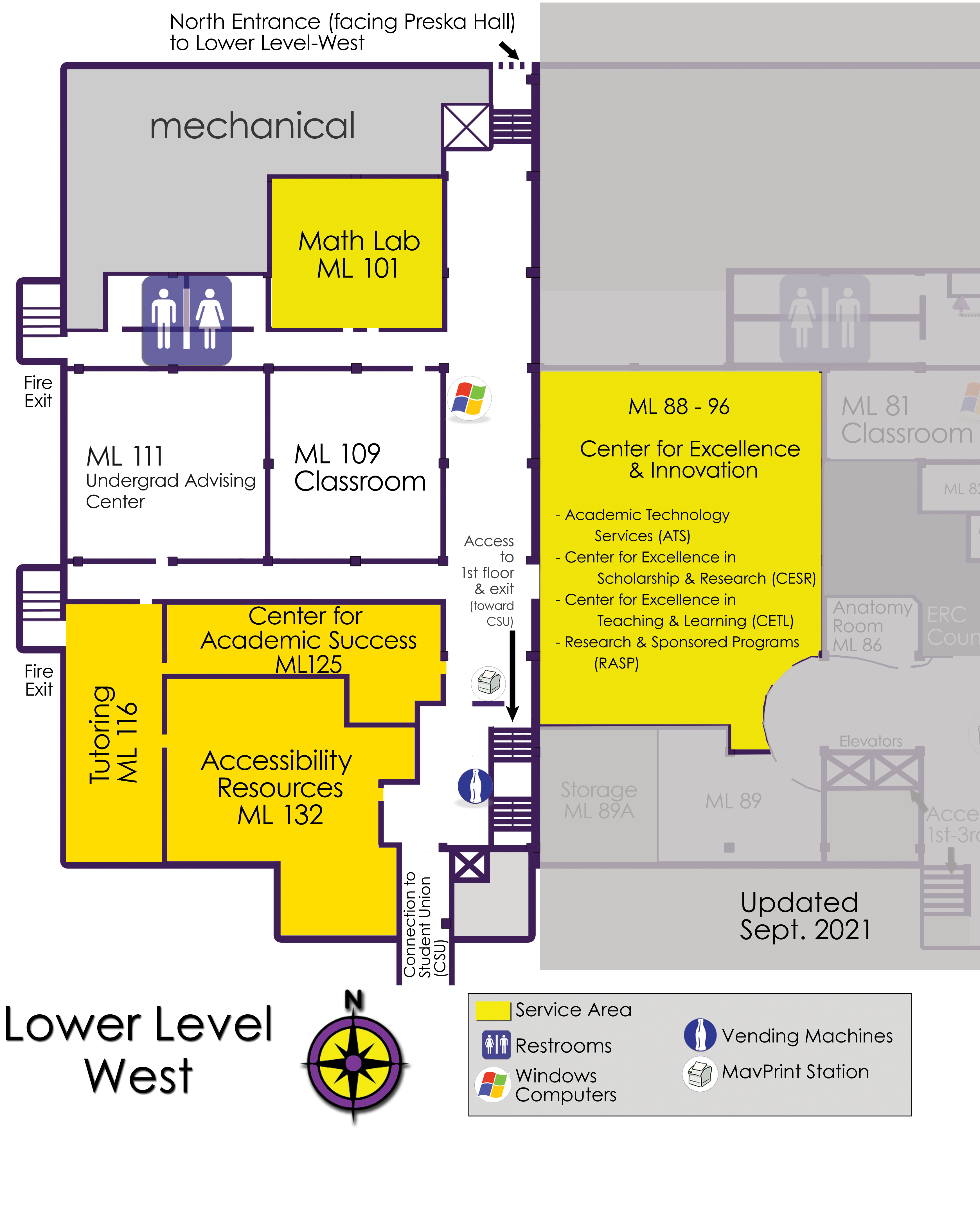 Lower Level west side map of Memorial Library
