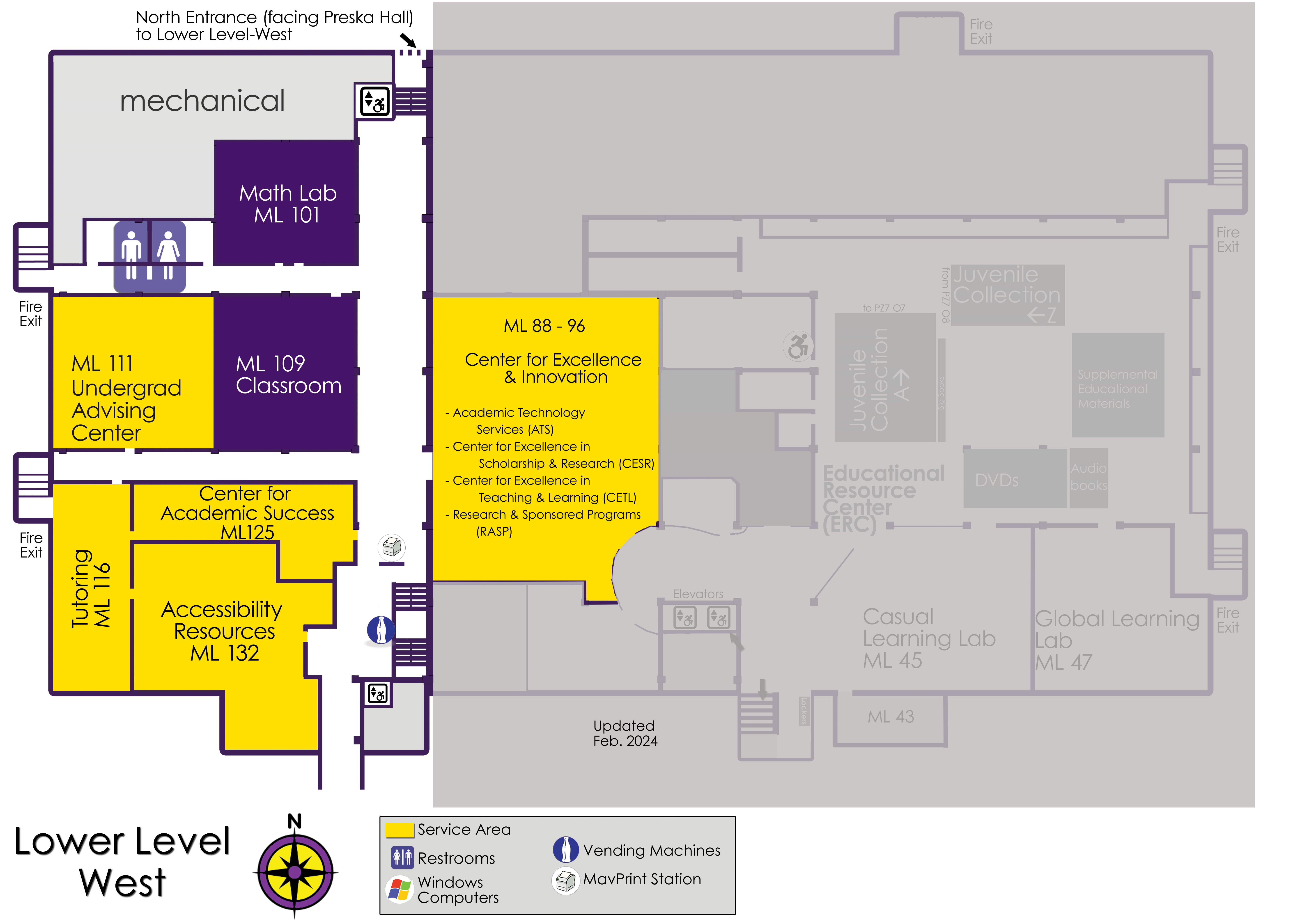 Lower Level west side map of Memorial Library