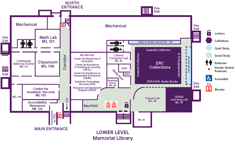 Memorial Library lower level floor plan layout