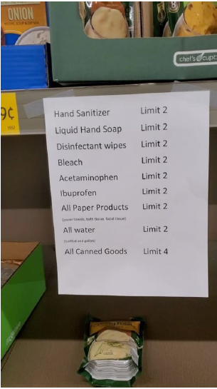 Photograph of Aldi store shelves with limits on amounts of product they can buy