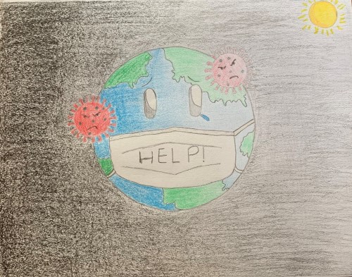 a drawing of a planet with a face mask and a sign with text