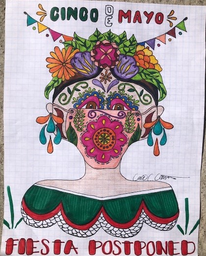 Drawing, "Fiesta Postponed" representing a  Cinco de Mayo festival goer wearing a mask