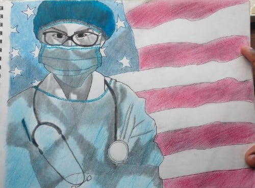 Drawing of a doctor or nurse wearing a mask in front of an American flag