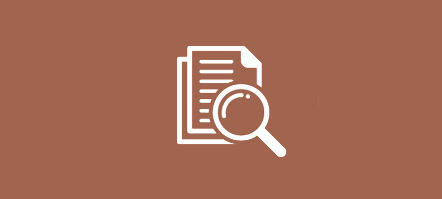 a white icon with a magnifying glass and a paper