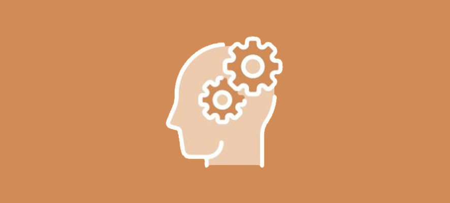 a white outline of a head with gears inside