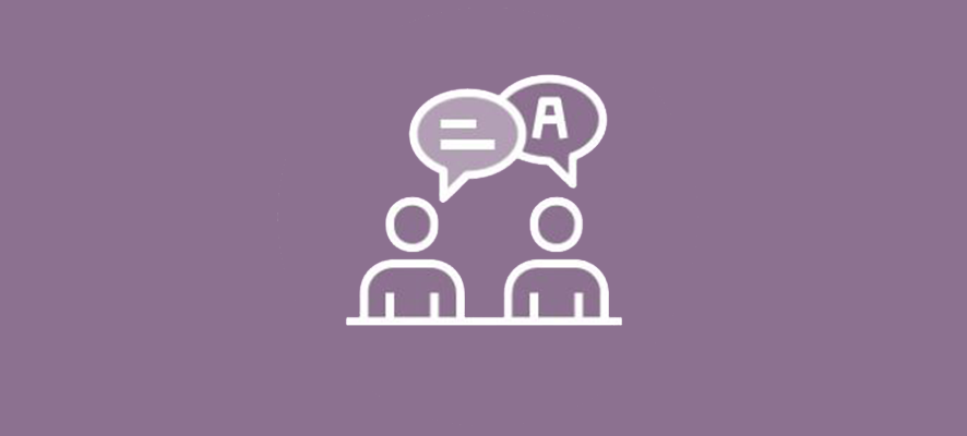 a white line drawing of two people with speech bubbles