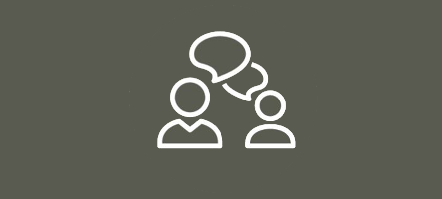 a white line drawing of people with speech bubbles