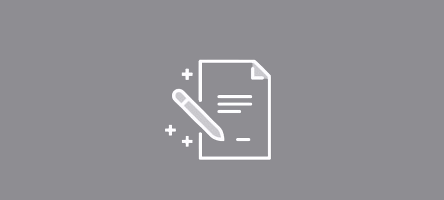 a white and gray icon of a paper and a pen