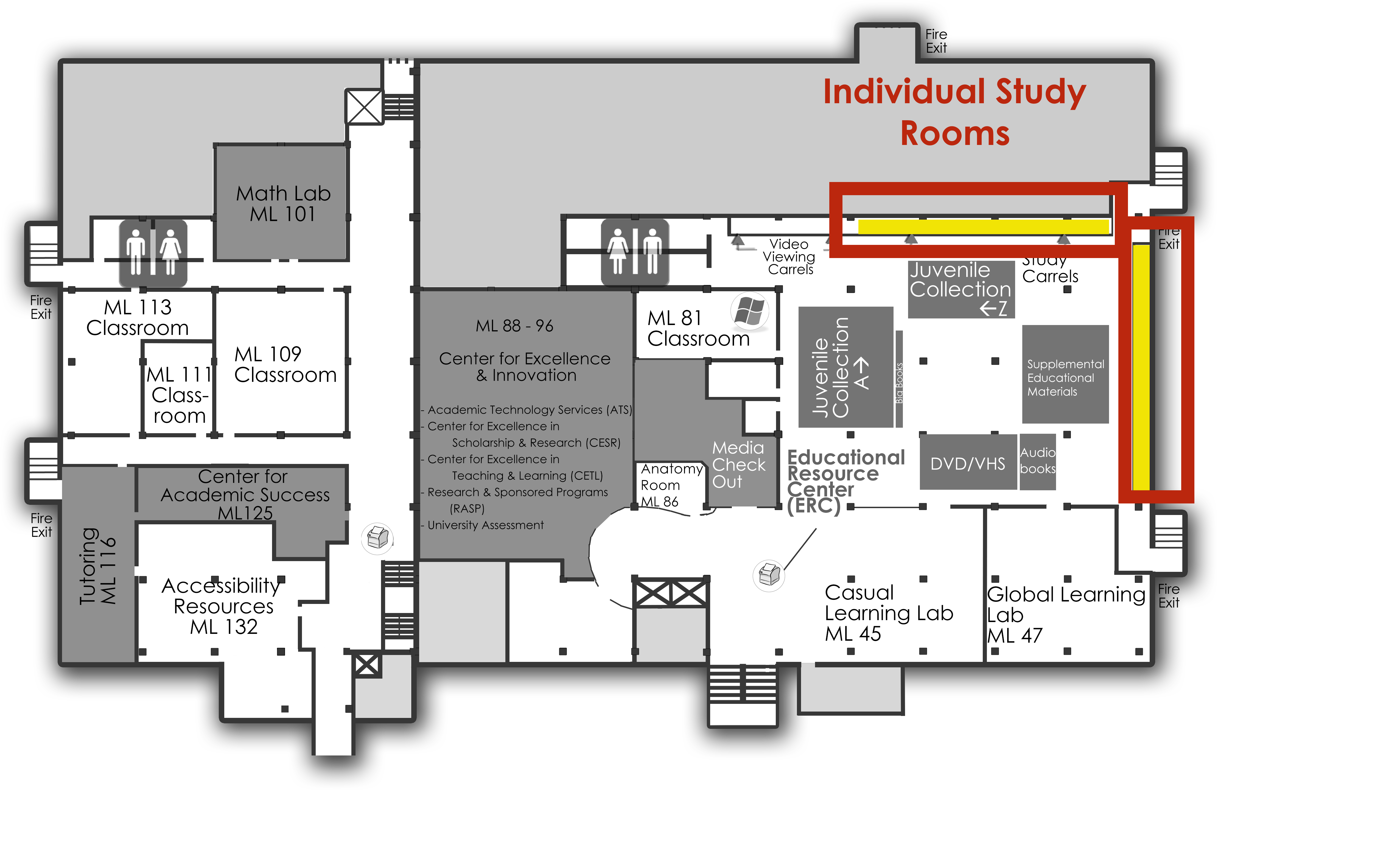 Individual Study Rooms are located in the back of the ERC, lower level east of Memorial Library