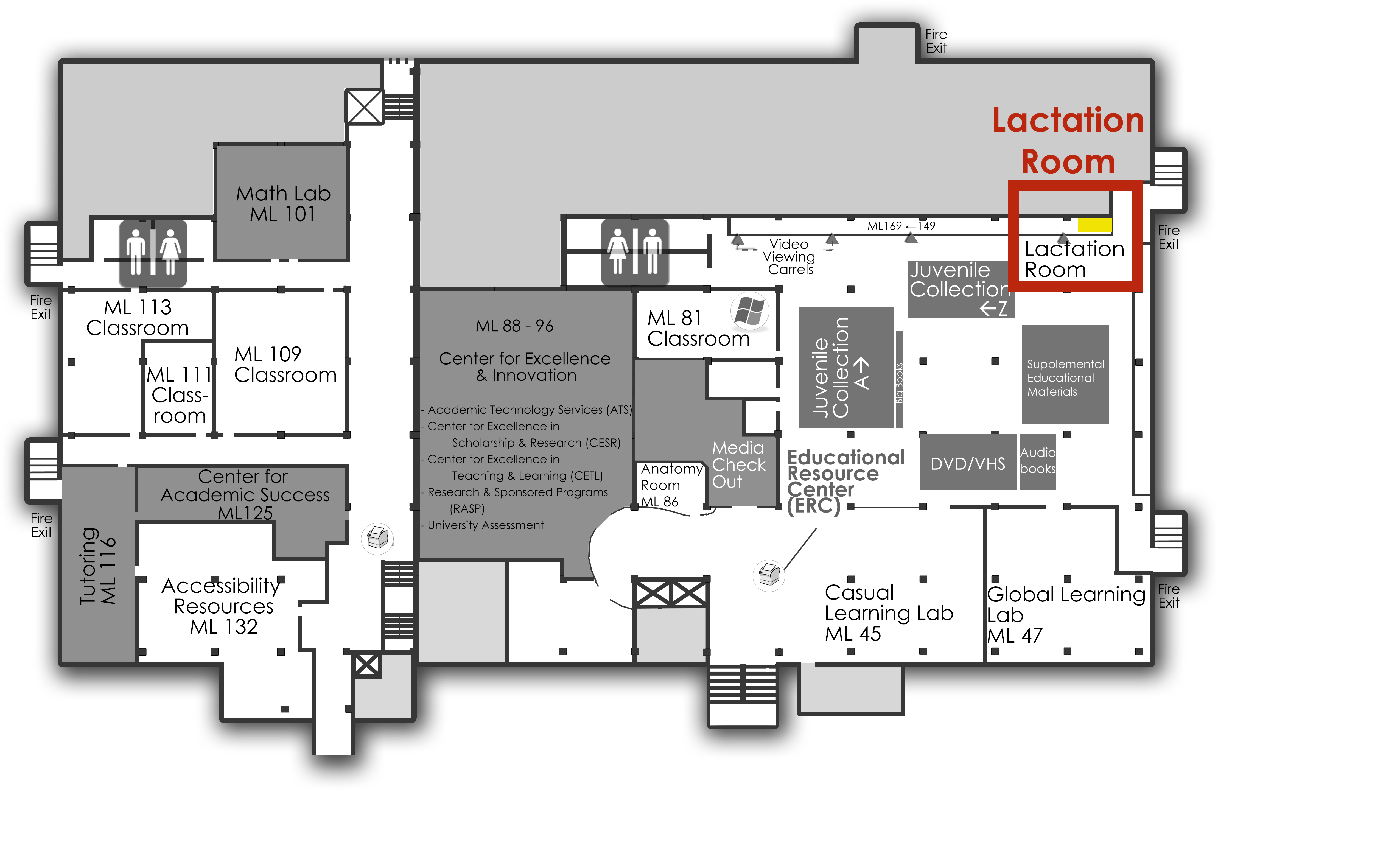 the lactation room is located in the back of lower level east near the individual study rooms